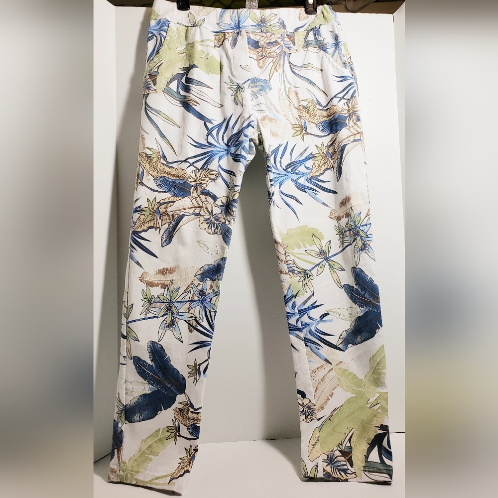 Flora Ashley Tapered Tropical Pattern Stretch Pants Women's Size L Made in Italy
